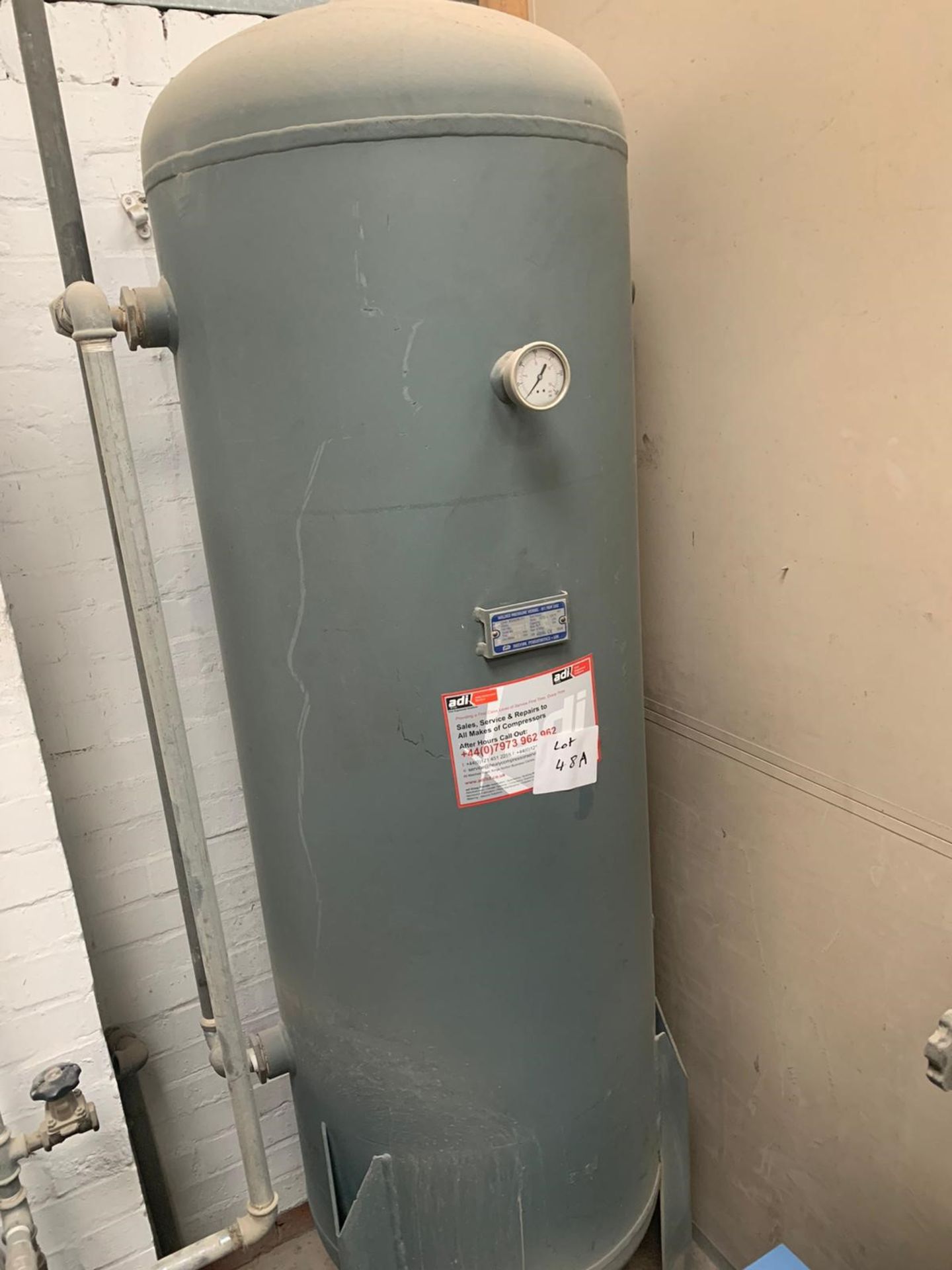 Rednal Pneumatics 6' VERTICAL AIR RECEIVING TANK, 500 litre, maximum wp 12 bar, serial no 20388/002