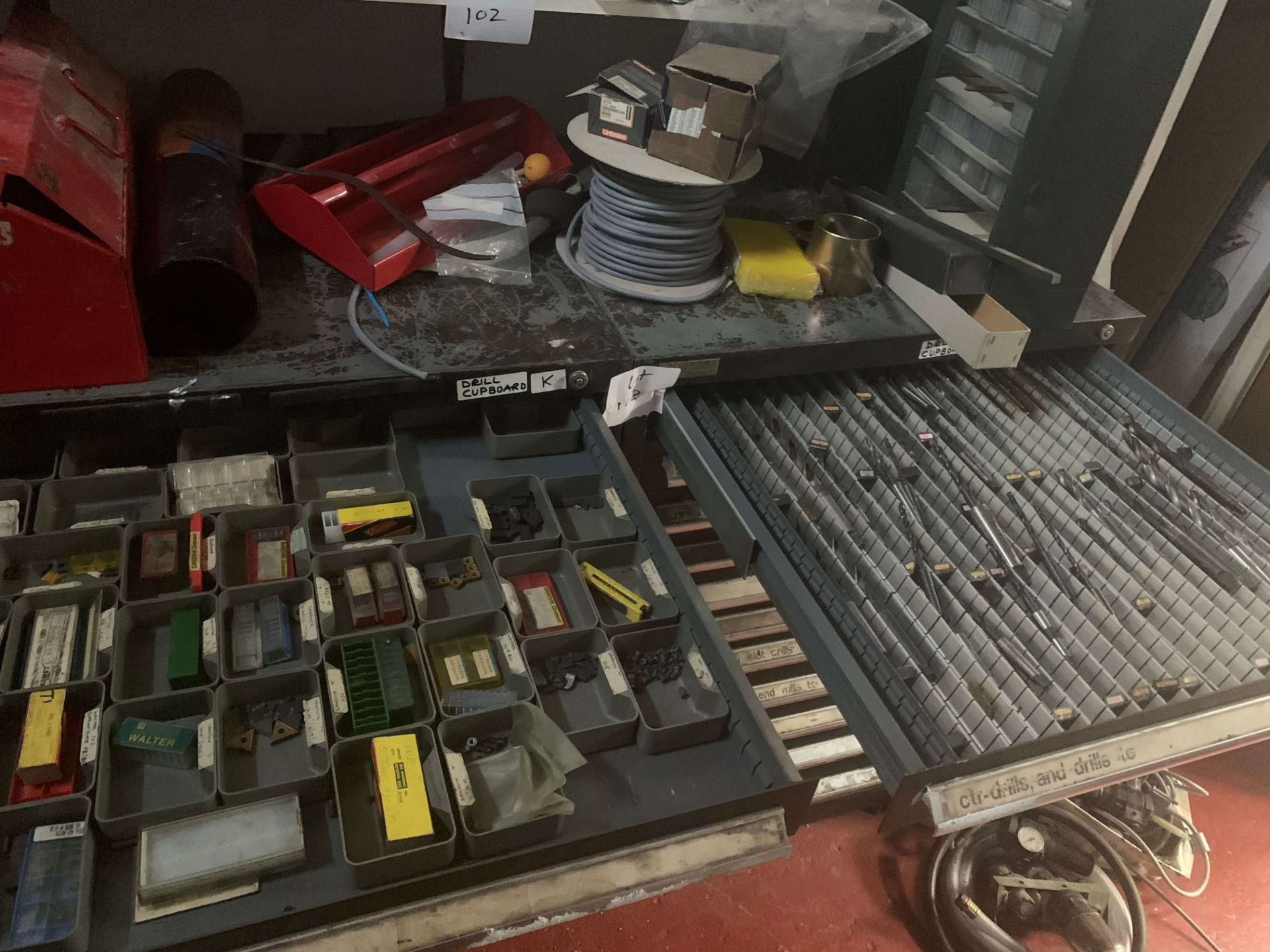 2 x 11 drawer CUPBOARDS and two SHELVES of stores including cables, drill bits, taps, screws, nuts - Image 2 of 11