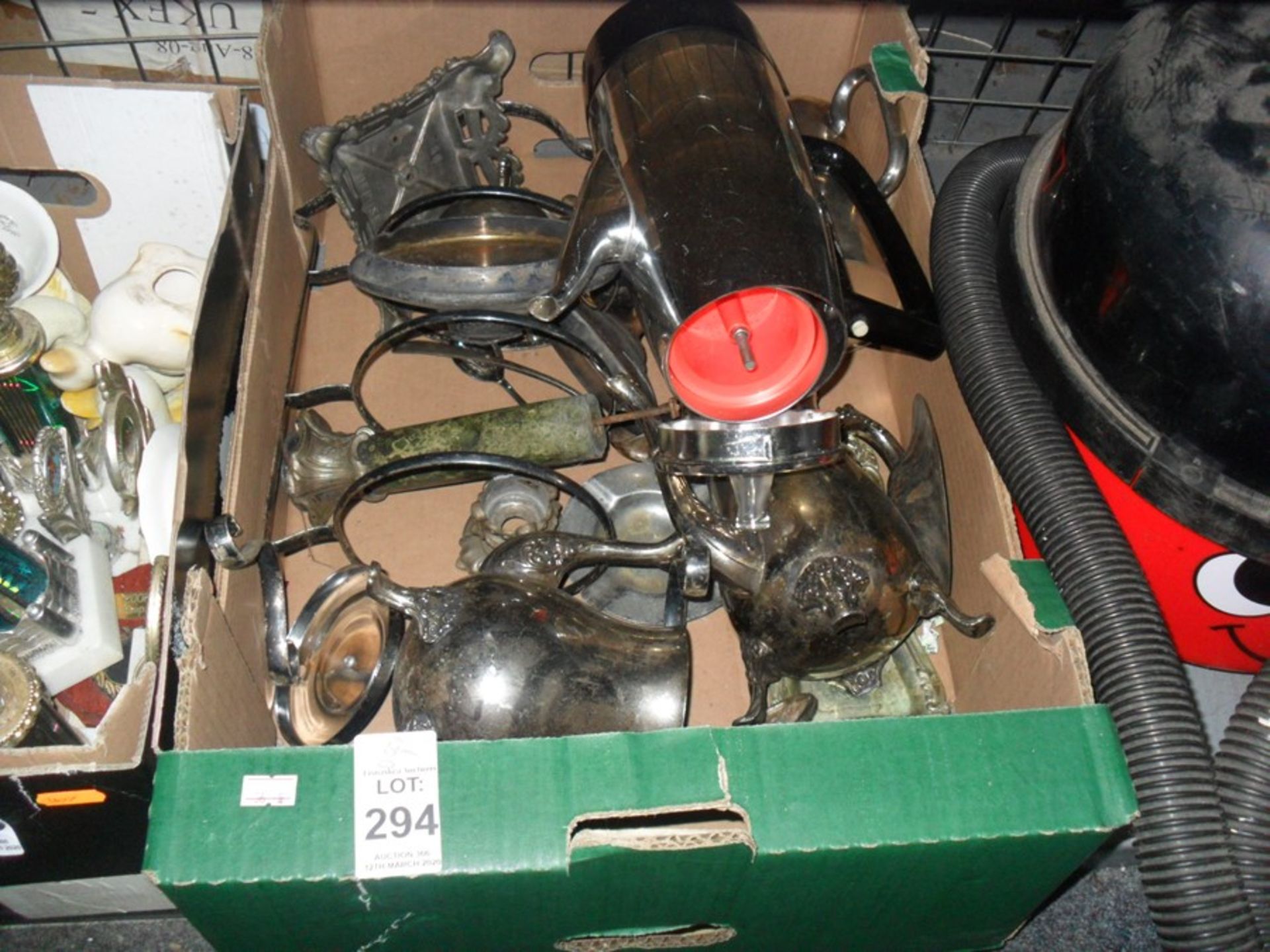 BOX OF SILVER PLATE AND METAL CONTENTS