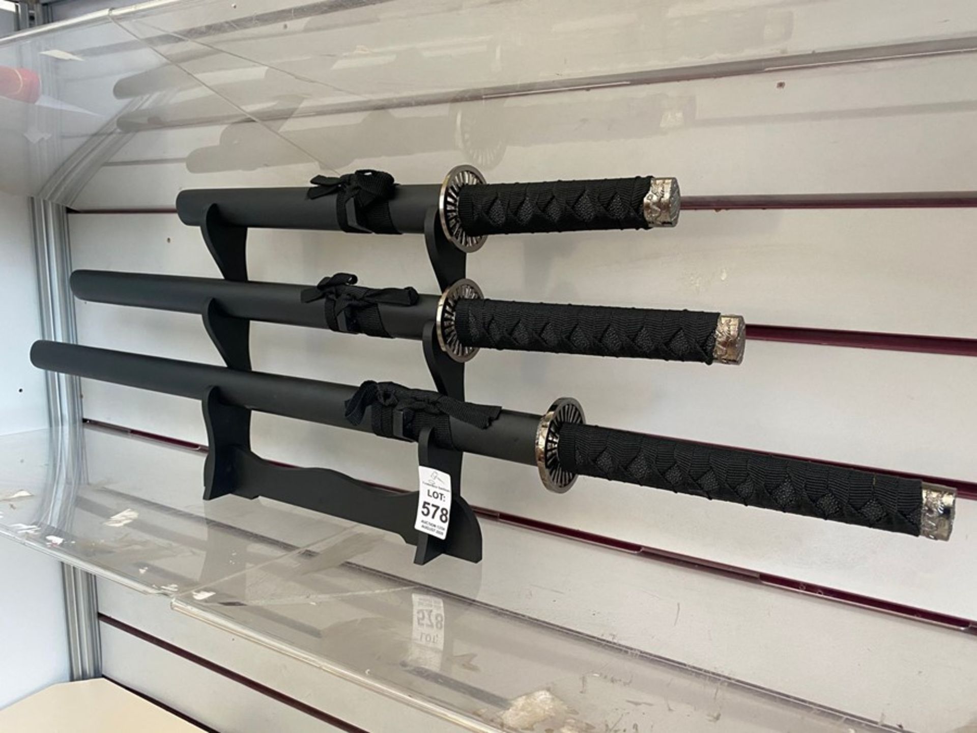 SET OF 3 SAMURAI SWORDS ON STAND