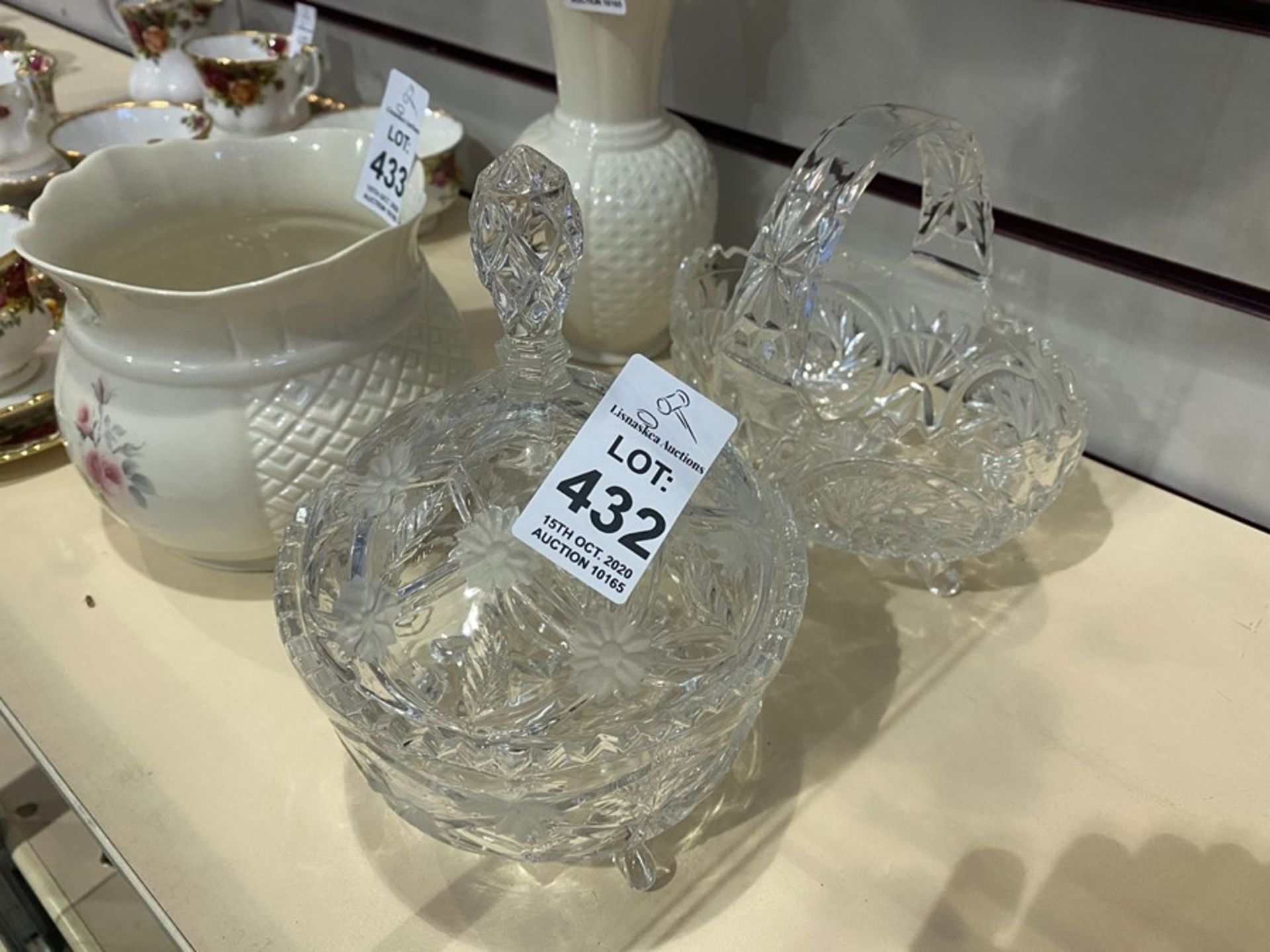 CUT GLASS BOWL WITH LID AND BASKET