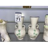 PAIR OF BELLEEK GREEN STAMP SHAMROCK VASES