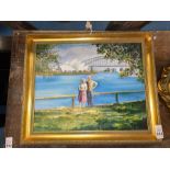 GILT FRAMED COUPLE PAINTING SYDNEY BRIDGE & OPERA HOUSE