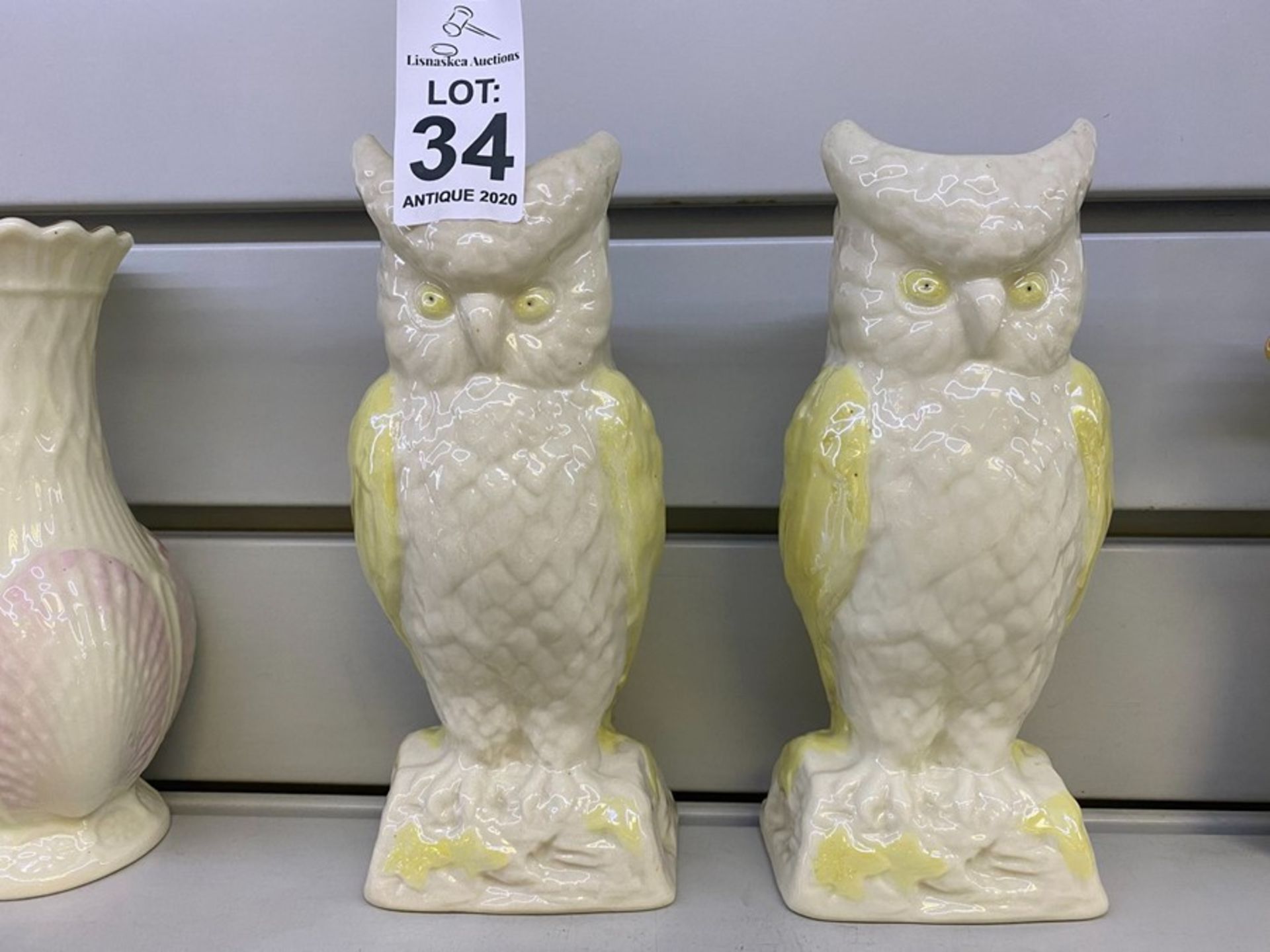 PAIR OF BELLEEK BROWN STAMP OWL VASES