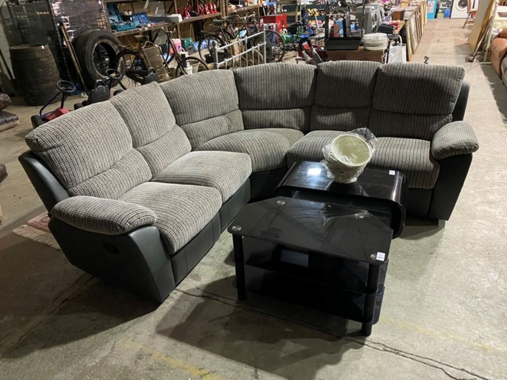 GREY FABRIC & FAUX LEATHER CORNER RECLINING SOFA (EX-DISPLAY)