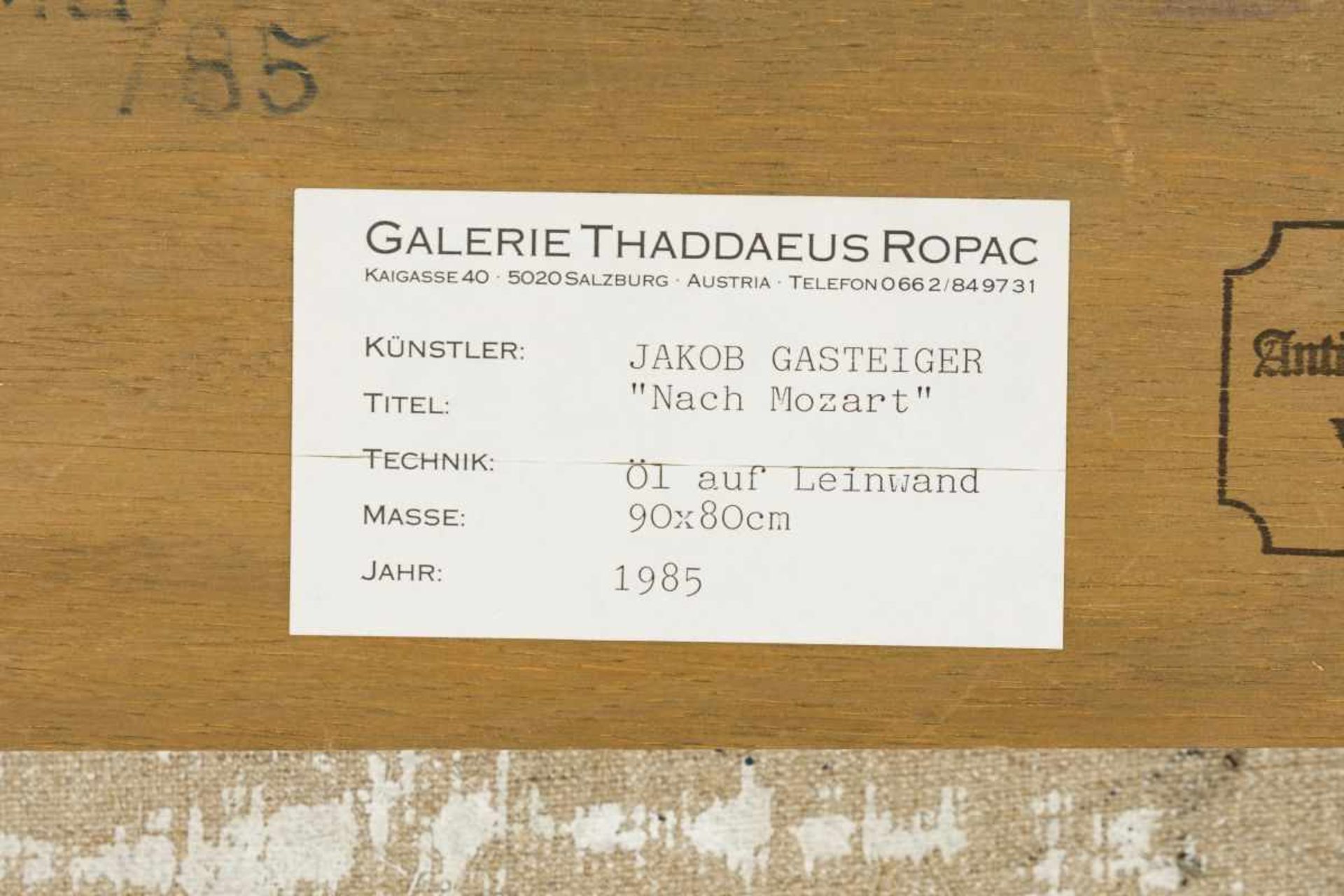 Gasteiger, JacobAfter Mozart, 1985Mixed Technique on Canvasmonogrammed and dated Verso35,4 x 31,5 - Bild 4 aus 4