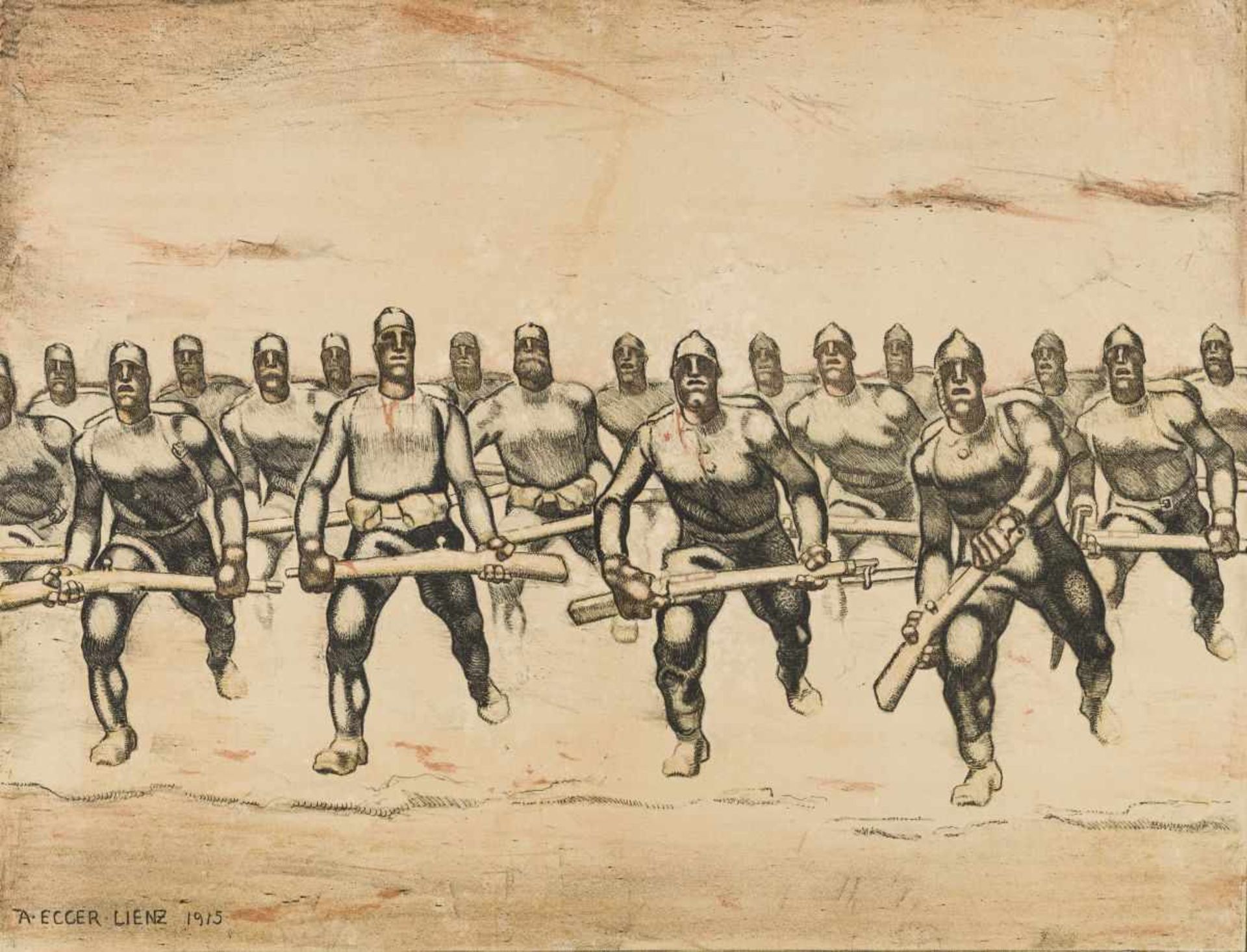 Egger-Lienz, AlbinSoldiers rushing forward, 1915Colored Lithographsigned and dated in the Stone