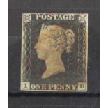 GB - 1840 Penny Black Plate 4 (I-D) four margins, horizontal crease, Good used, cat £400