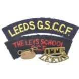 Badges (4) comprising original small brass Leys School, Cambridge O.T.C.badge, cloth Title for the