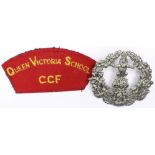 Badges (2) original Queen Victoria School, Dunblane, O.T.C. white metal hat badge + cloth Title