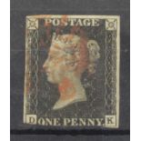 GB - 1840 Penny Black Plate 8 (D-K) Var.AS50 State 2, three margins, no thins or creases, Good used,