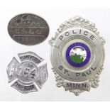 American badges (3) comprising a State of Minnesota, St. Paul Police badge, a Hightstown Fire