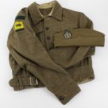 WW2 1940 pattern rifle brigade battledress, blouse complete with titles div patches with a pair of