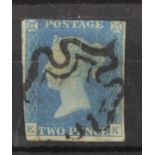 GB - 1840 2d Blue Plate 2 (E-K) two margins, scruffy reverse, small thin at top, good spacefiller,