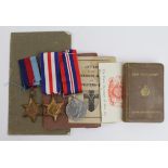 WW2 1939 -45 Star, F&G Star, and war medals in name box with soldiers service and pay book, bible