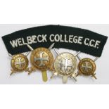 Badges (5) comprising original brass Hat badge + 2 Collars for Welbeck College O.T.C. + staybrite