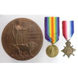 1915 Star, Victory Medal and Death Plaque to 15577 Pte John Bennett North'D Fus. Killed In Action