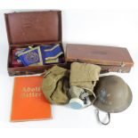 Box of various Militaria inc Army Helmet, Kit Bag with white apron, g/masks and two Masonic