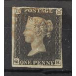 GB - 1840 Penny Black Plate 7 (Q-H) Var.c Experimental thin paper, three margins, crease N/E corner,