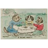 Louis Wain cats postcard - unidentified publisher: A Picnic Party, hand coloured, postally used