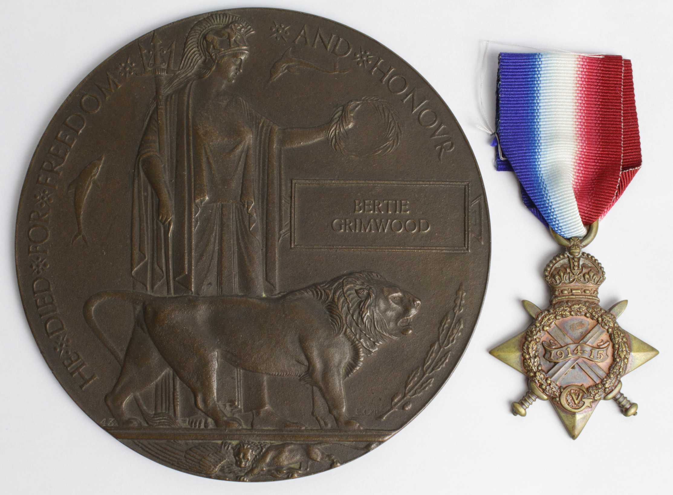 1915 Star with memorial plaque to 12395 Pte Bertie Grimwood, West Riding Regiment. K in A 5.5.1915