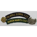 Badges (4) comprising original small brass badge for Queen Mary's School, Basingstoke, C.C.F. +