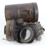 German WW1 gas mask in its metal storage tin both in good condition no filter.