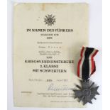 German WW2 War Merit Cross 2nd Class with Swords and Citation 1/9/1943, to Franz Franz Aufkl.