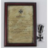 German WW1 Iron Cross second class with framed award documents