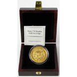 Henry VII sovereign. A replica piece struck in 9ct gold and issued by "Westminster" Boxed with