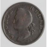 Evasion Halfpenny : GEORGE RULED, George II portrait / BRITAIN'S ISLES 1756, Irish Harp, Fine for