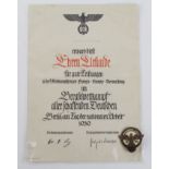 German scarce 1940 Hitler youth Kreissieger National Trade Competition Badge with award document