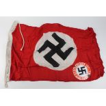 German 1938 dated NSDAP party flag with German Deutschland Erwacht enamel plaque.