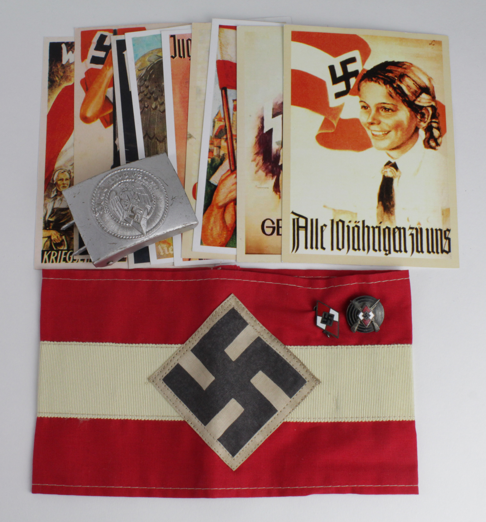 German Hitler Youth armband, Diamond HJ badge, Diamond HJ marksman and a belt buckle