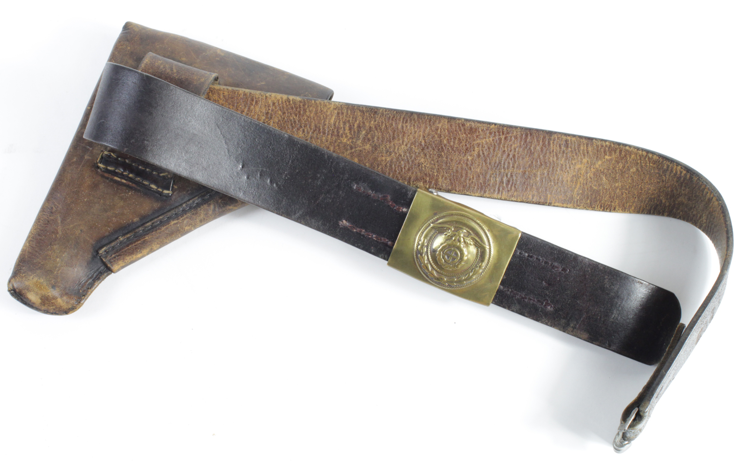 German early SA leather belt plus Tab, with belt buckle in brass, and holster maker marked 'hsy'.