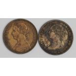 Farthings (2): 1864 no serif nEF, and 1875H GVF