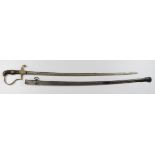 Imperial German Army cavalry sword with curved blade lion head pommel in its steel scabbard.