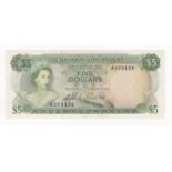 Bahamas 5 Dollars dated 1965, Queen Elizabeth II portrait at left, serial A273133, (TBB B119a,