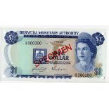 Bermuda 1 Dollar dated 1st April 1978, genuine SPECIMEN note, serial A/3 000000, punched hole in