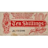 Bradbury 10 Shillings issued 1914, FIRST RUN serial A/1 385908, No. with dash (T9, Pick346) small