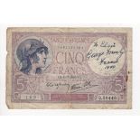 Autographed Banknote, France 5F dated 13/7/1939 signed "To Elsie George Formby France 1940"