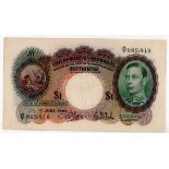 Barbados 1 Dollar dated 1st June 1943, portrait King George VI at right, serial B/T 992,816 (TBB