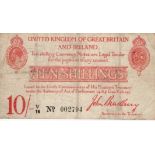 Bradbury 10 Shillings issued 1915, serial V/16 002794, (T13.1, Pick348a) some dirt, Fine