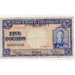 Bahamas 5 Pounds issued 1947 (Law 1936), portrait King George VI at right, serial A/2 185197, (TBB