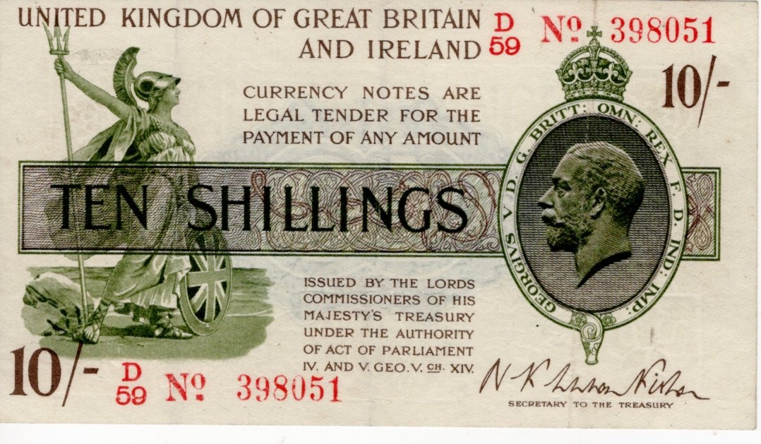 Warren Fisher 10 Shillings issued 1919, FIRST SERIES serial D/59 398051, No. with dash (T26,