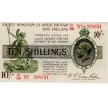 Warren Fisher 10 Shillings issued 1919, FIRST SERIES serial D/59 398051, No. with dash (T26,