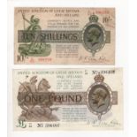 Warren Fisher (2), 10 Shillings issued 1922 serial L/60 990260 (T30) Fine, 1 Pound issued 1923