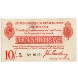 Bradbury 10 Shillings issued 1915, 5 digit serial number H1/64 01351 (T12.2, Pick348a) lightly