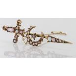9ct Gold hallmarked Sword style Brooch set with Opals with safety Chain weight 6.8g