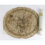 Sampler. An oval childs sampler depicting the British Isles, circa 18th to 19th Century, 49cm x 45cm
